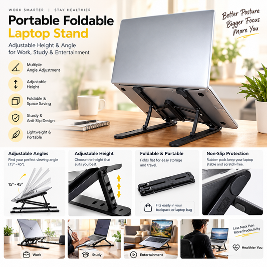 Portable Foldable Laptop Stand — Adjustable Height & Angle